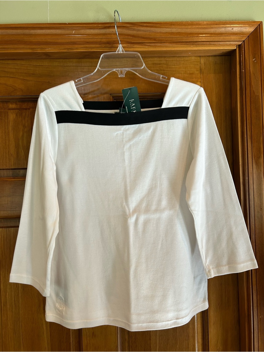 Lauren Ralph Lauren White 3/4 Sleeve Boatneck Top with Black Trim